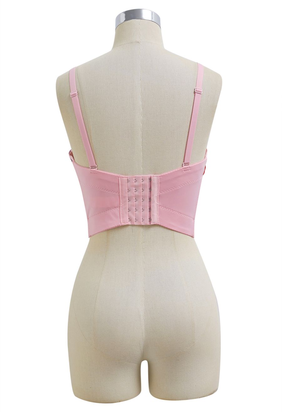 3D Floral Applique Rhinestone Bra Top in Pink