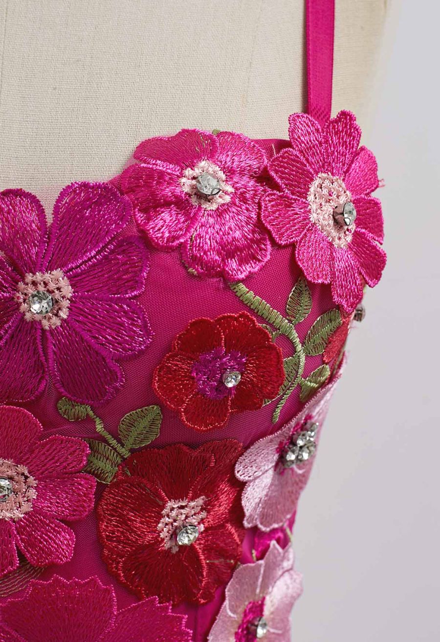 3D Floral Applique Rhinestone Bra Top in Magenta