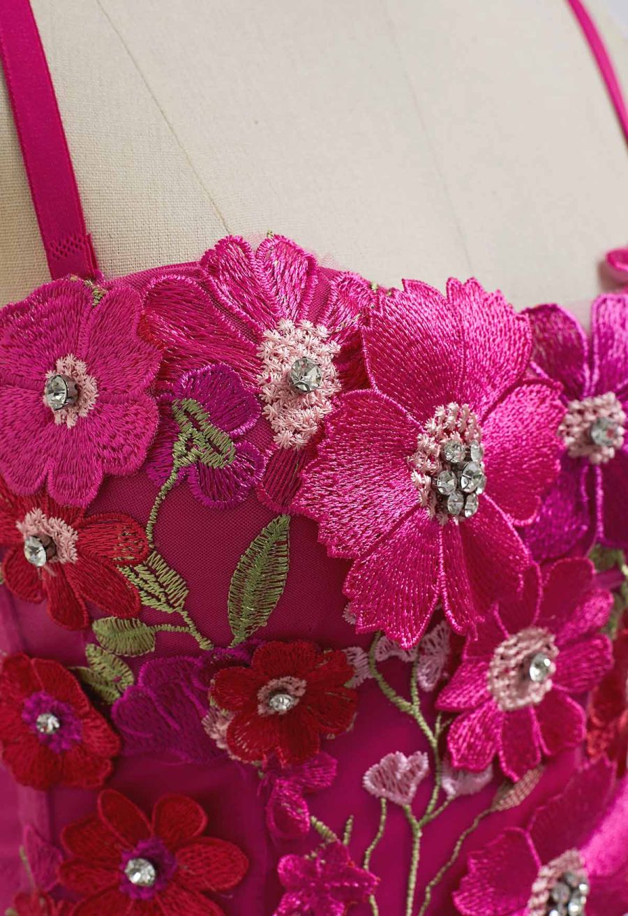 3D Floral Applique Rhinestone Bra Top in Magenta