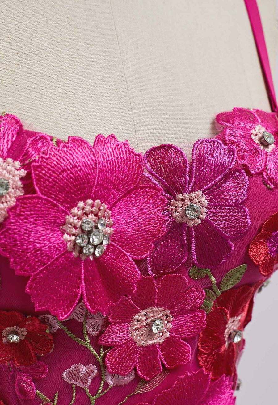 3D Floral Applique Rhinestone Bra Top in Magenta