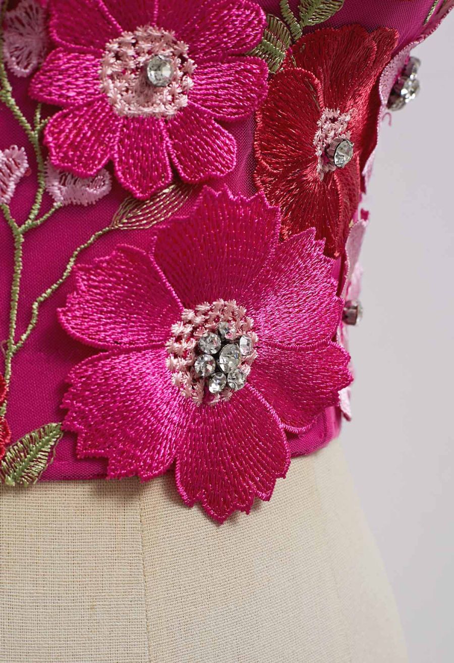 3D Floral Applique Rhinestone Bra Top in Magenta
