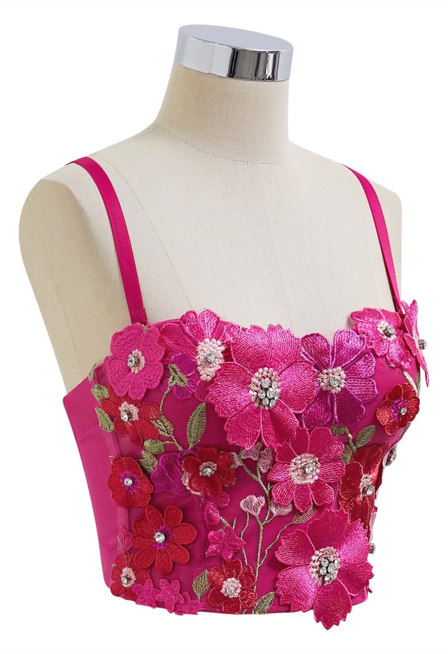 3D Floral Applique Rhinestone Bra Top in Magenta