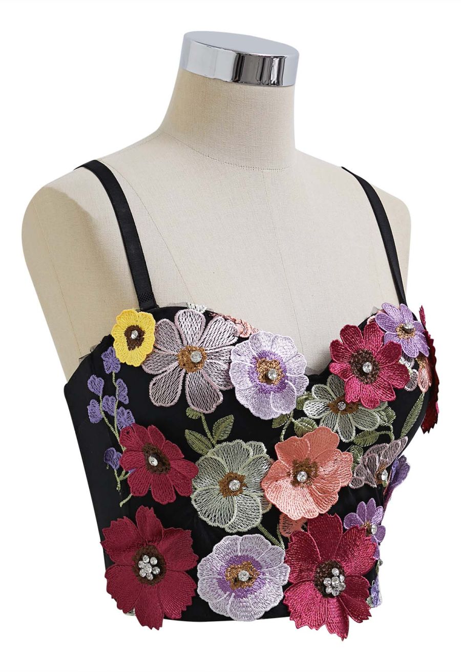 3D Floral Applique Rhinestone Bra Top in Black