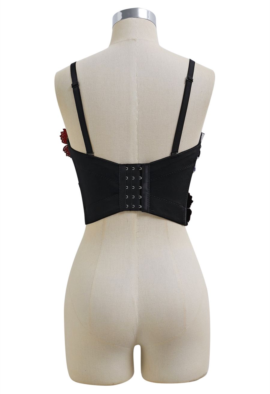 3D Floral Applique Rhinestone Bra Top in Black