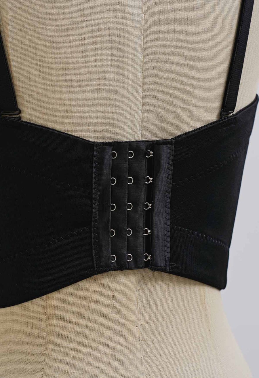 3D Floral Applique Rhinestone Bra Top in Black
