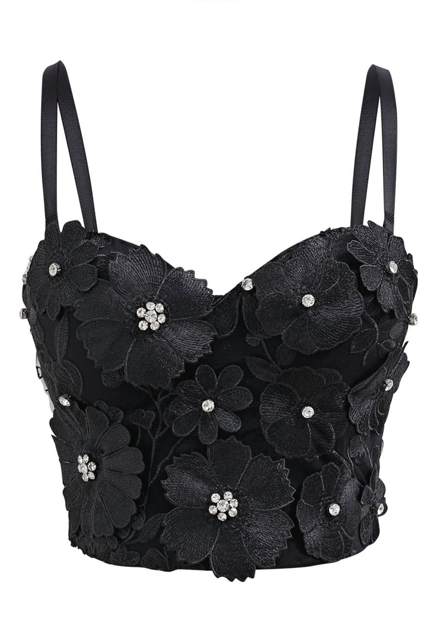 Solid Color Floral Applique Rhinestone Bra Top in Black