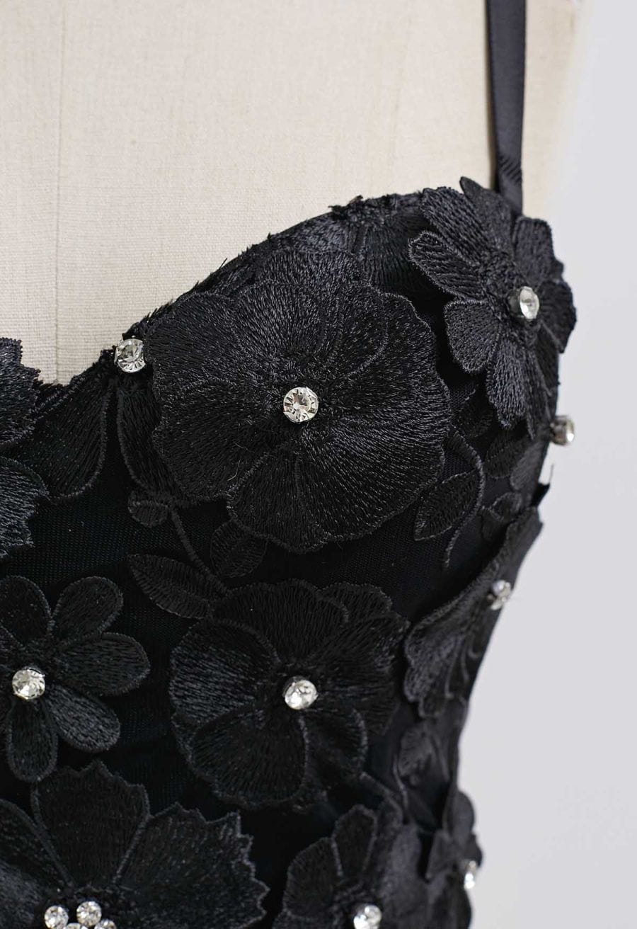Solid Color Floral Applique Rhinestone Bra Top in Black