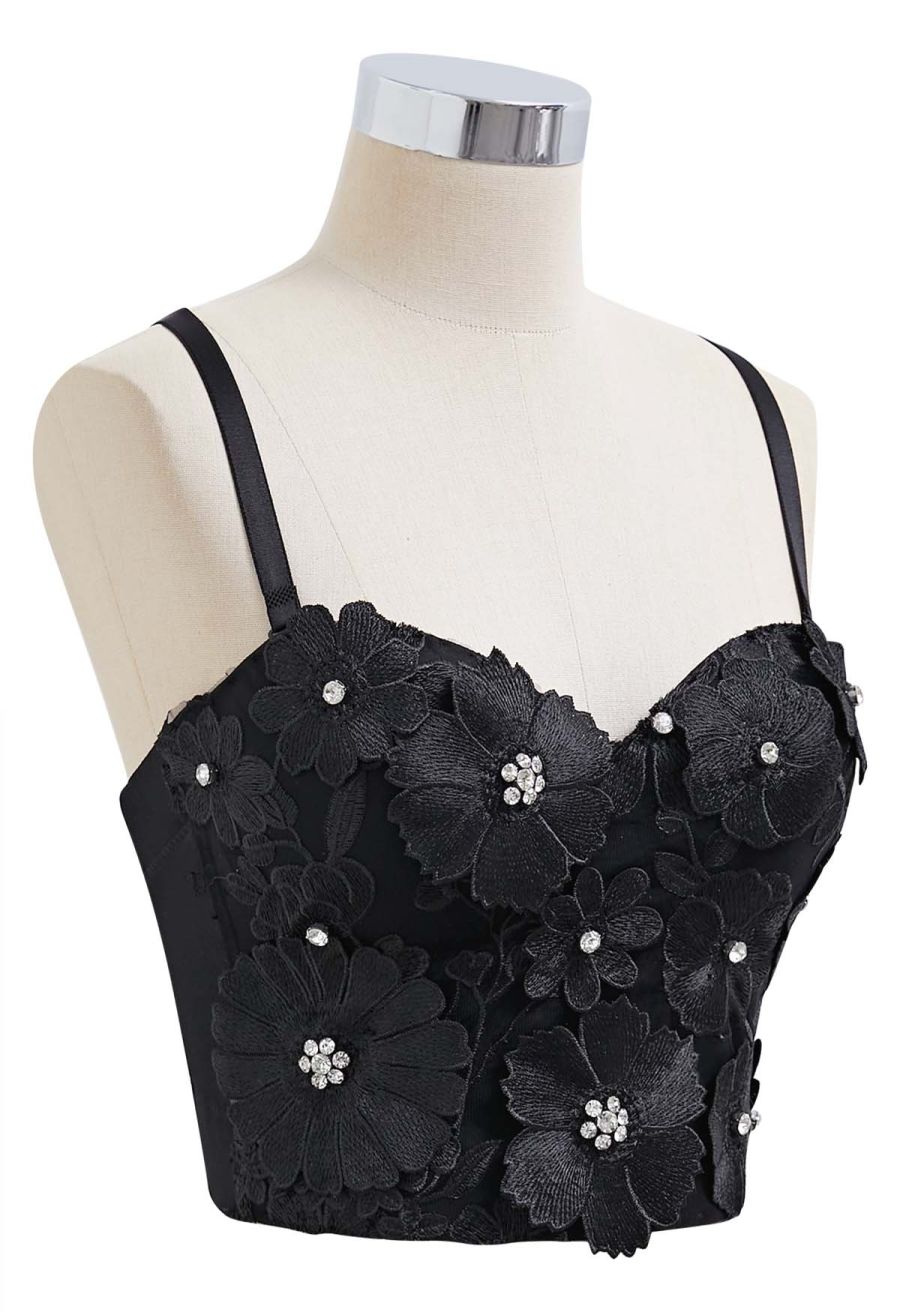 Solid Color Floral Applique Rhinestone Bra Top in Black