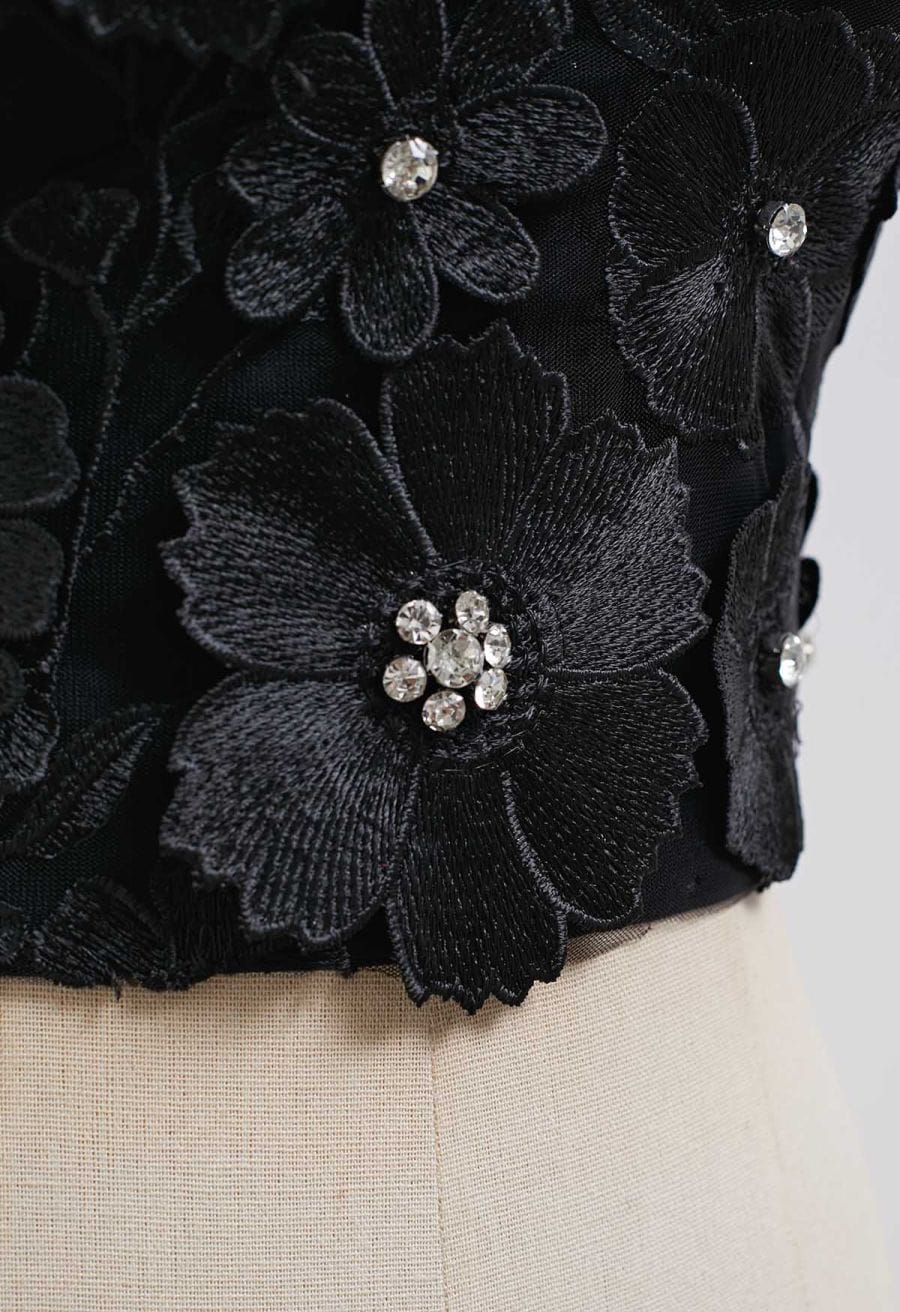 Solid Color Floral Applique Rhinestone Bra Top in Black