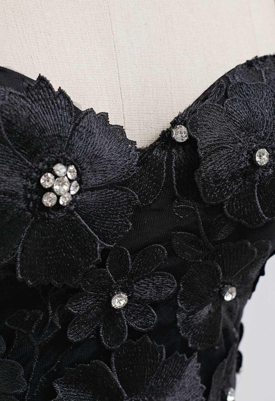 Solid Color Floral Applique Rhinestone Bra Top in Black