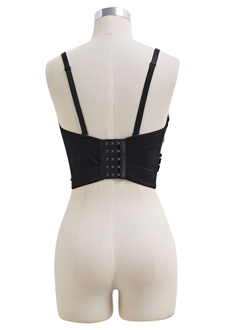 Solid Color Floral Applique Rhinestone Bra Top in Black