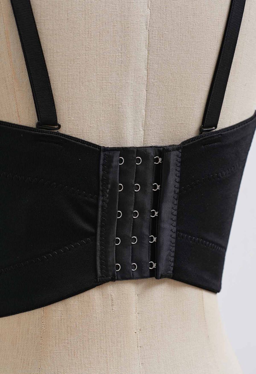 Solid Color Floral Applique Rhinestone Bra Top in Black