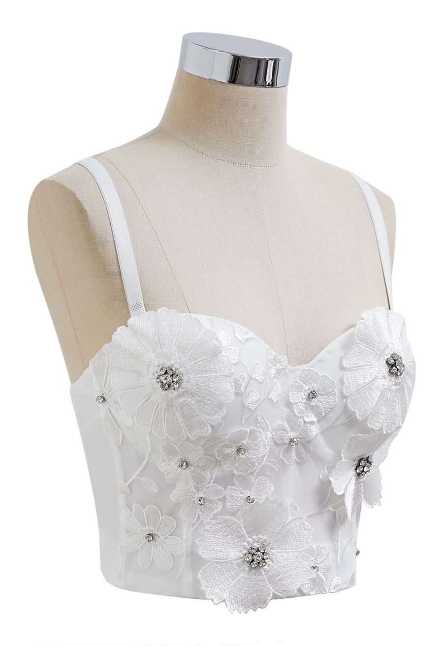 Solid Color Floral Applique Rhinestone Bra Top in White