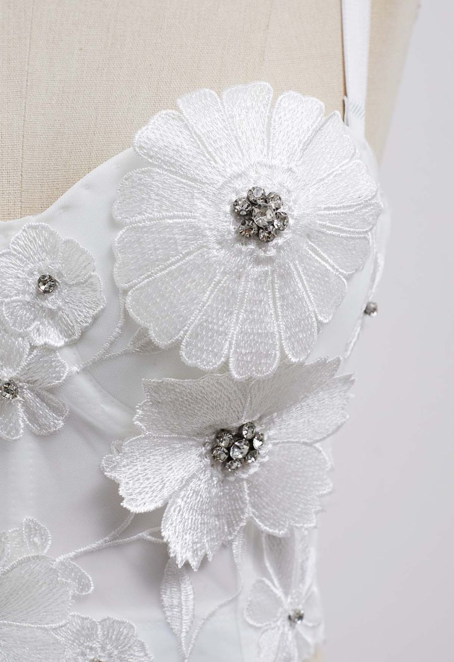 Solid Color Floral Applique Rhinestone Bra Top in White