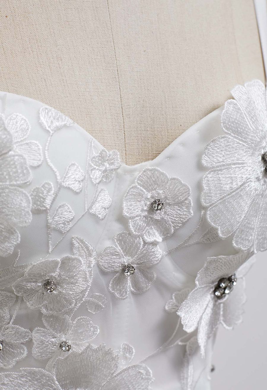 Solid Color Floral Applique Rhinestone Bra Top in White