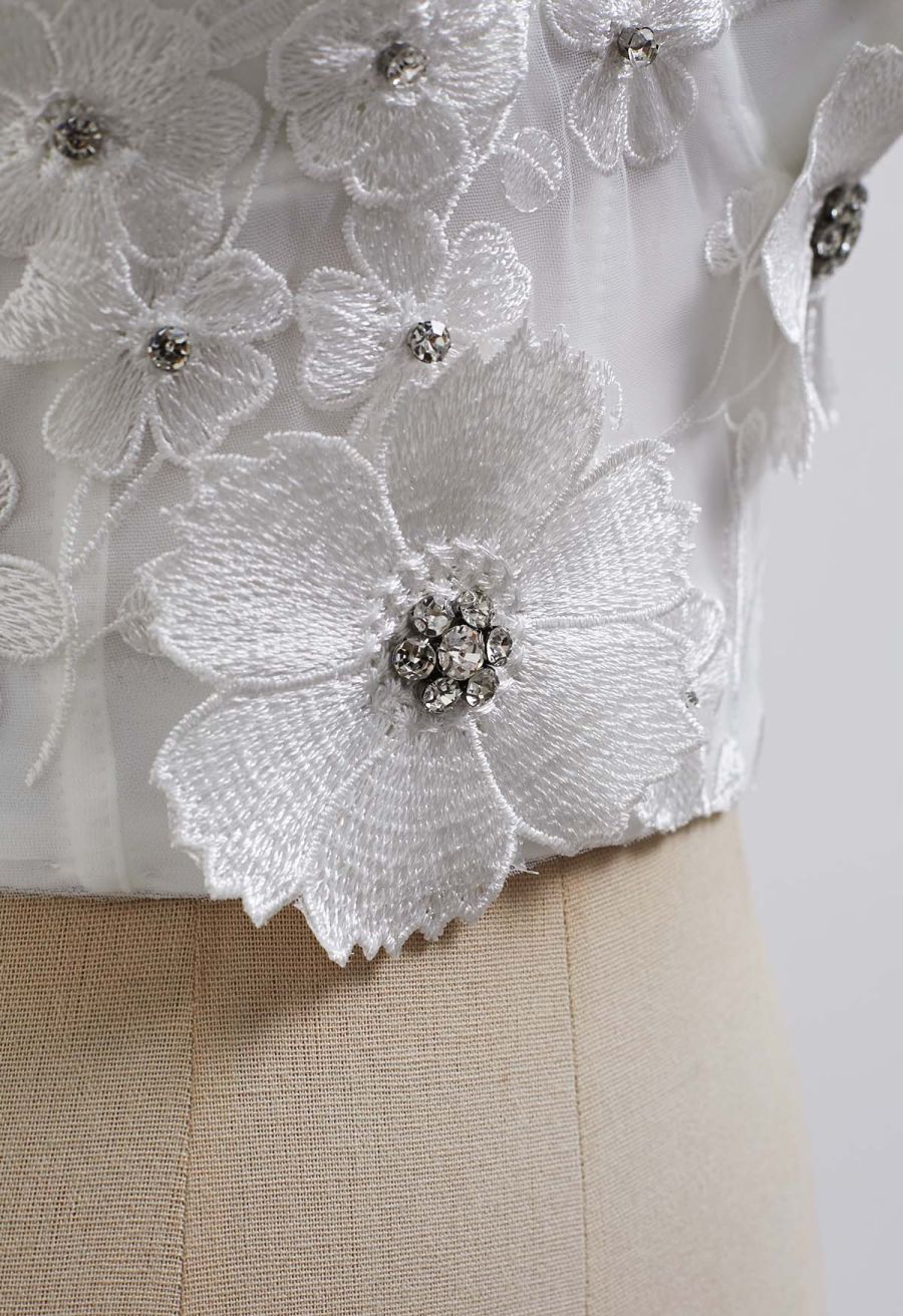 Solid Color Floral Applique Rhinestone Bra Top in White