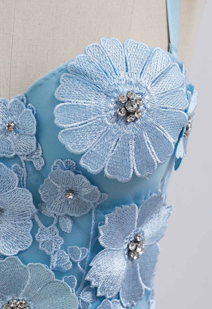 Solid Color Floral Applique Rhinestone Bra Top in Light Blue