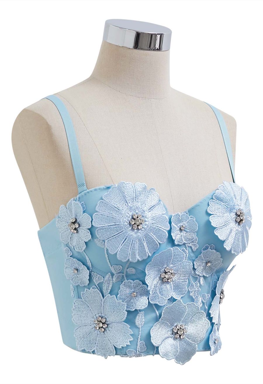 Solid Color Floral Applique Rhinestone Bra Top in Light Blue
