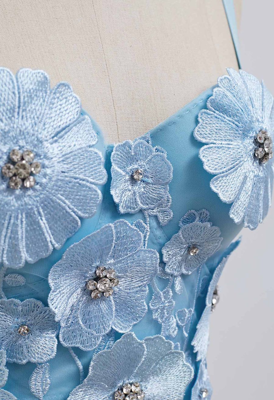 Solid Color Floral Applique Rhinestone Bra Top in Light Blue