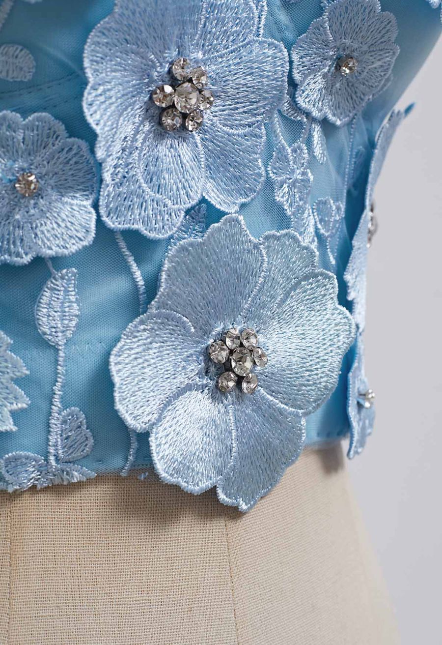 Solid Color Floral Applique Rhinestone Bra Top in Light Blue