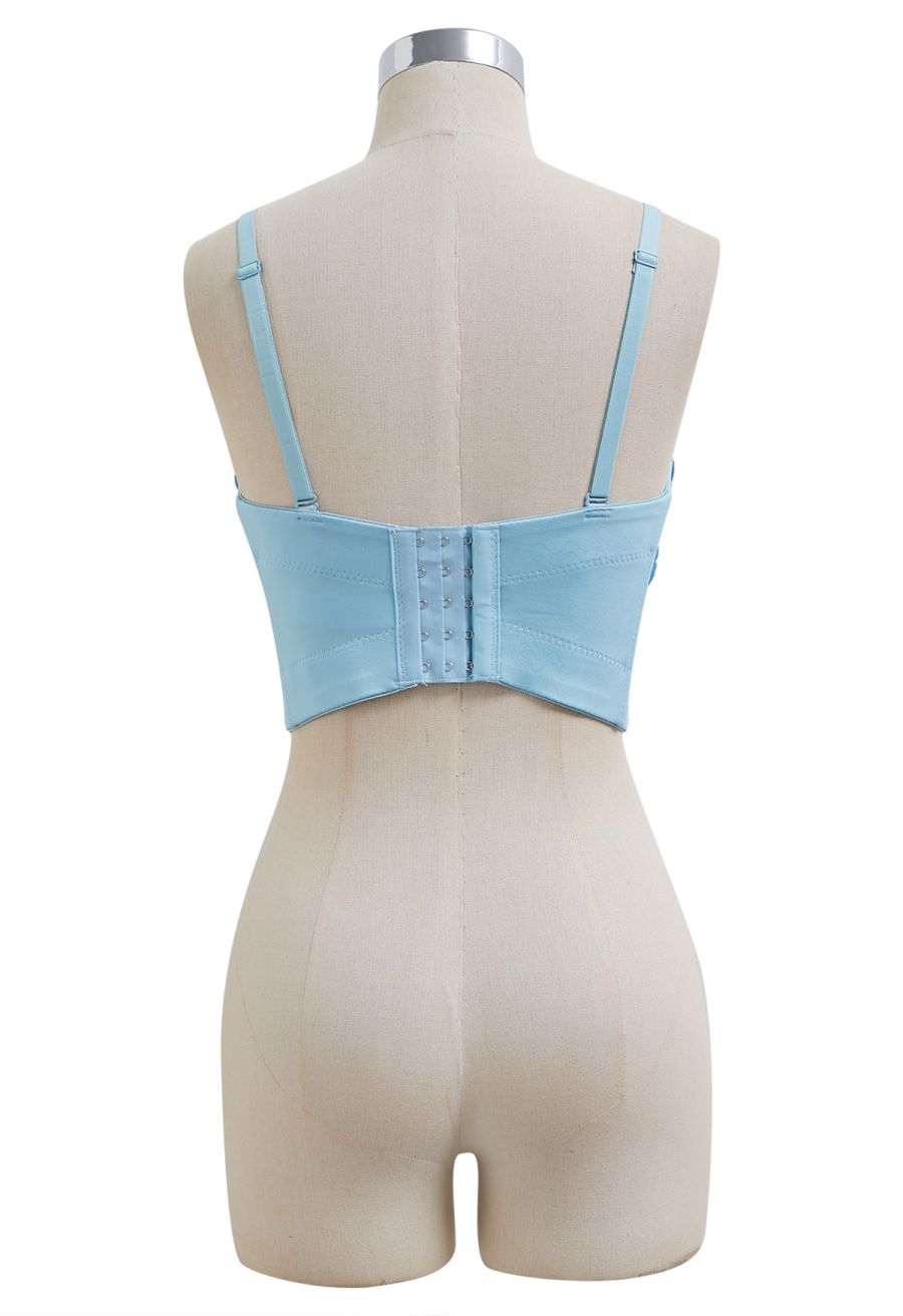 Solid Color Floral Applique Rhinestone Bra Top in Light Blue