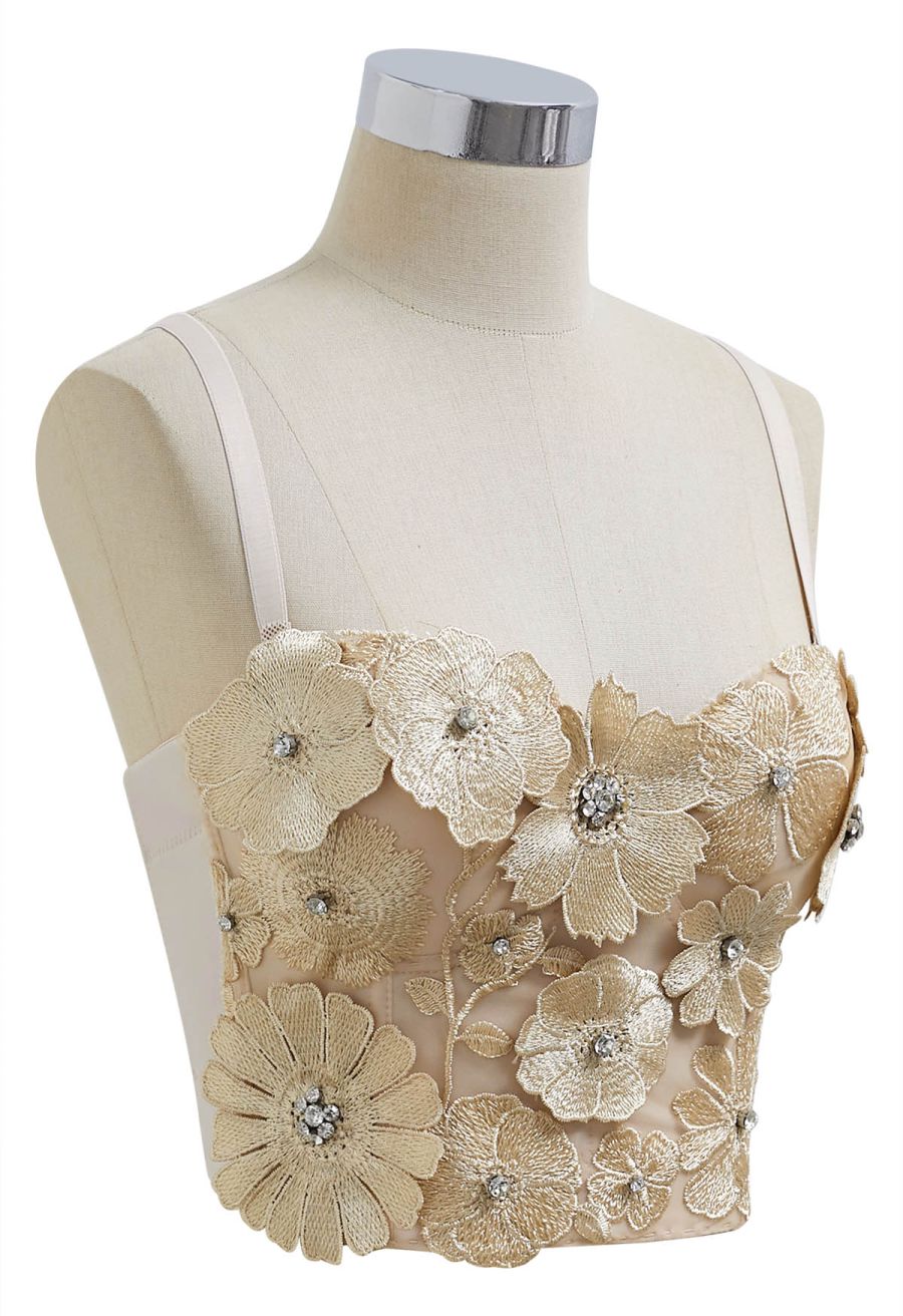 Solid Color Floral Applique Rhinestone Bra Top in Apricot