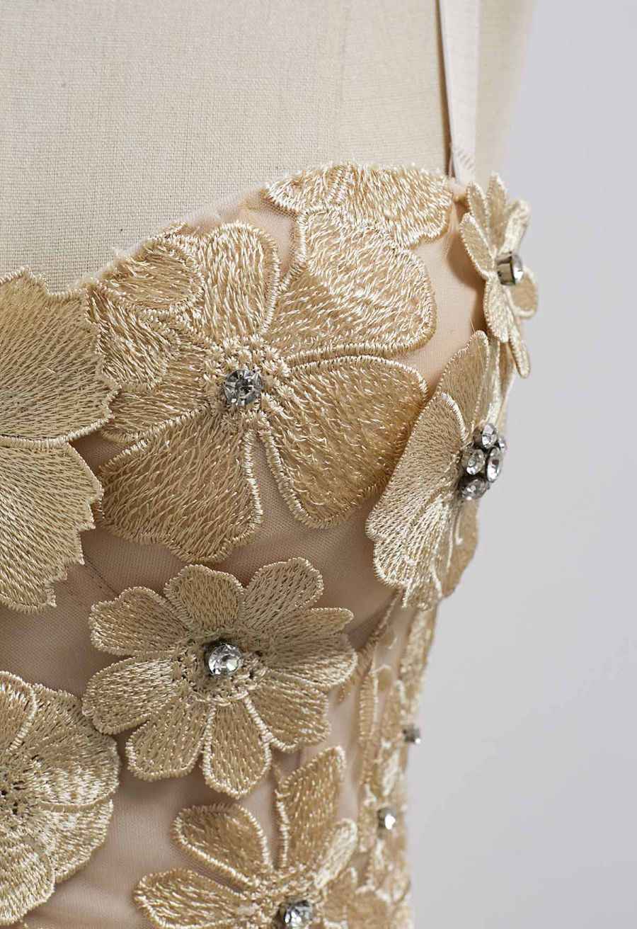 Solid Color Floral Applique Rhinestone Bra Top in Apricot