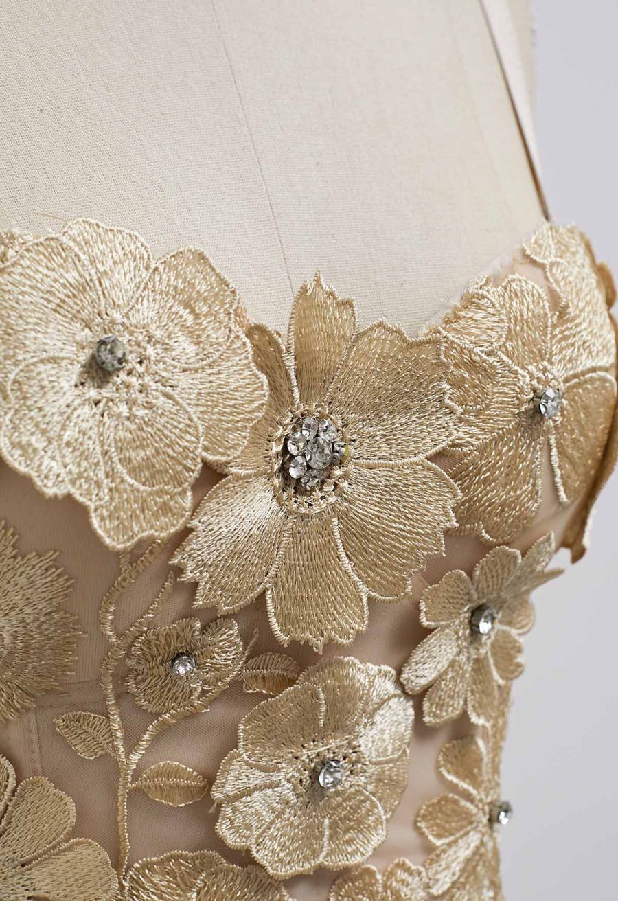 Solid Color Floral Applique Rhinestone Bra Top in Apricot