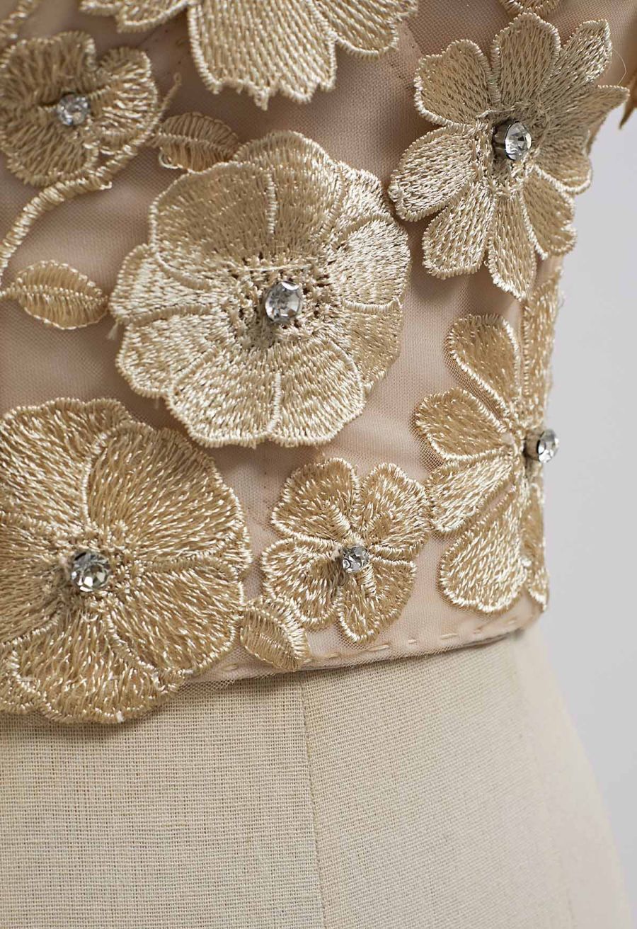 Solid Color Floral Applique Rhinestone Bra Top in Apricot