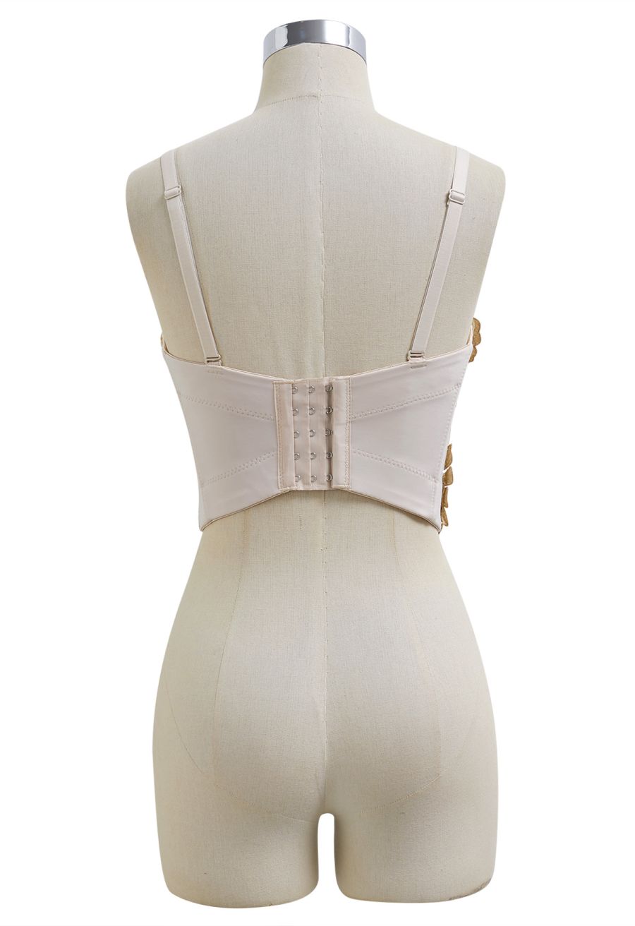 Solid Color Floral Applique Rhinestone Bra Top in Apricot