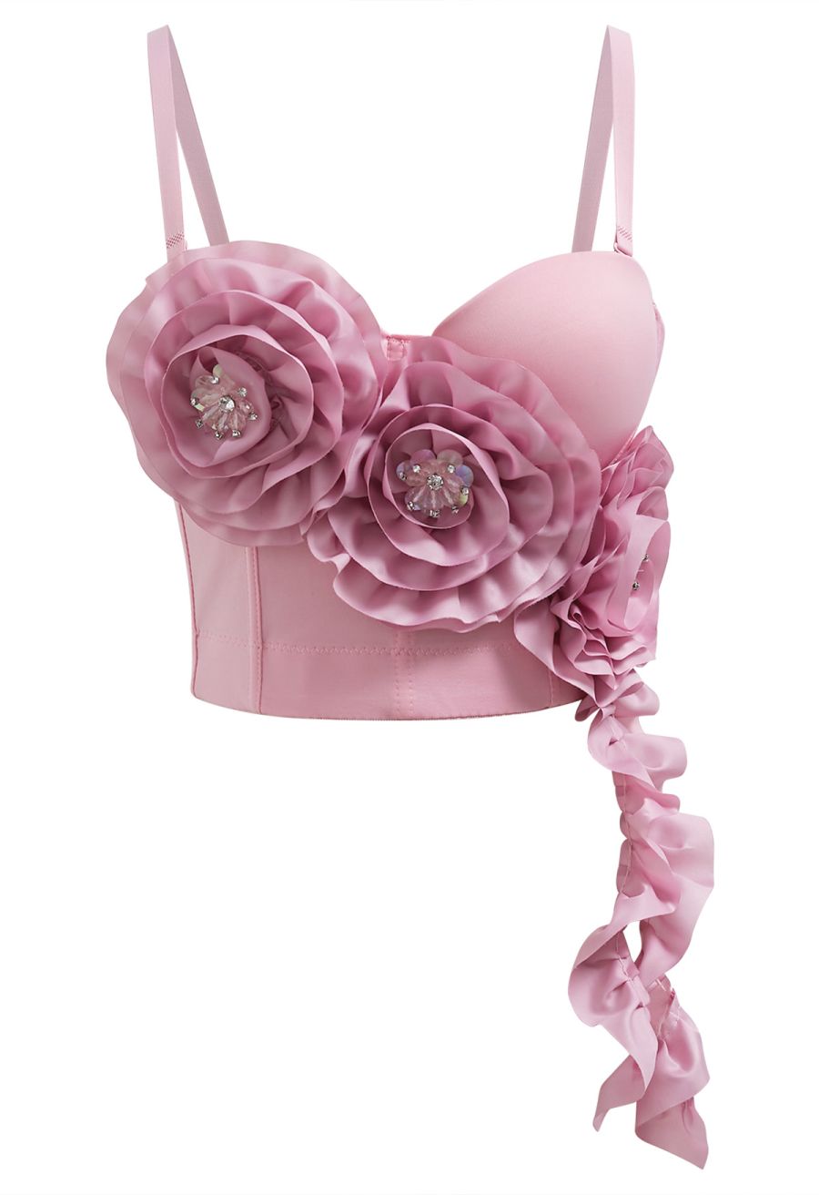 Dramatic Floral Applique Rhinestone Bra Top in Pink