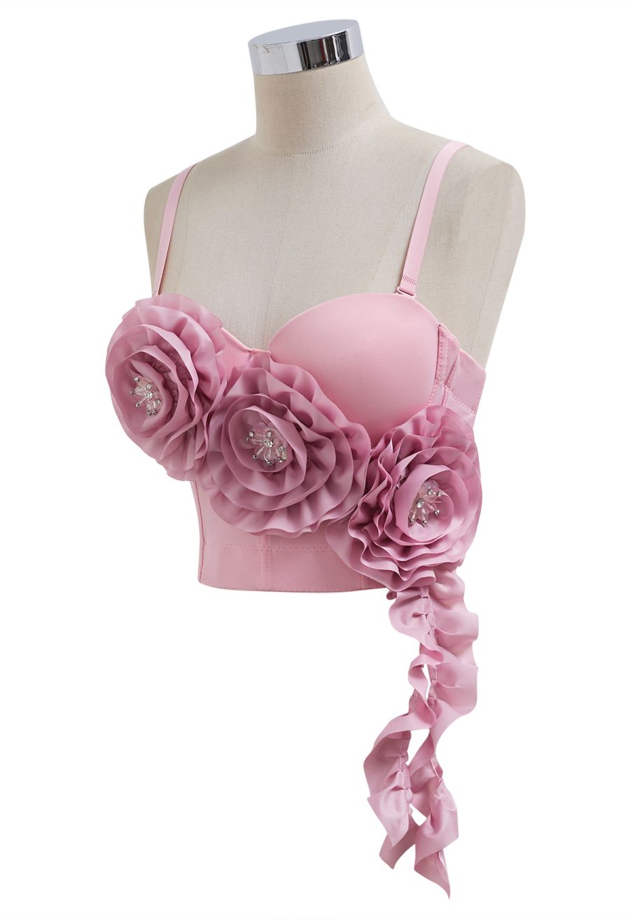 Dramatic Floral Applique Rhinestone Bra Top in Pink