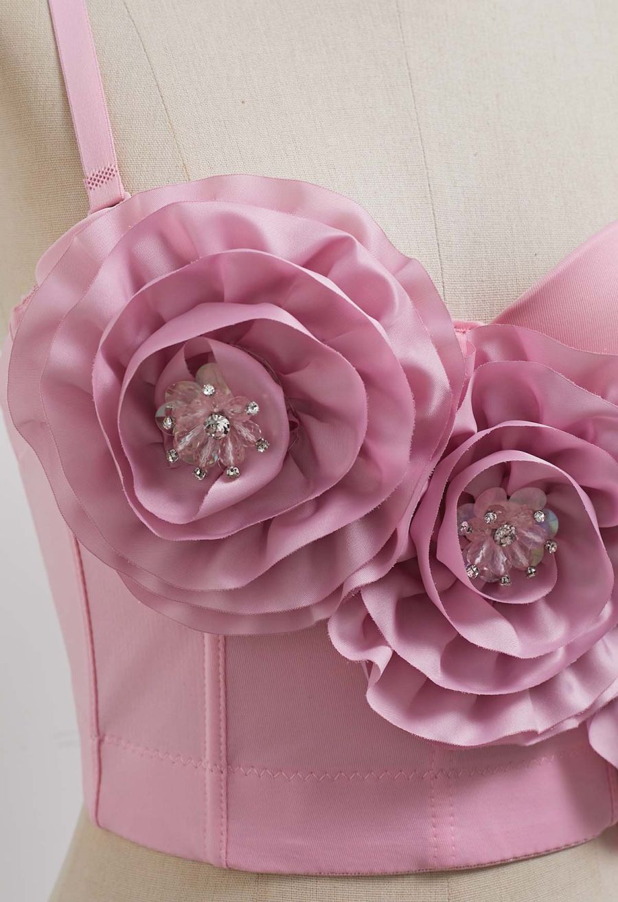 Dramatic Floral Applique Rhinestone Bra Top in Pink