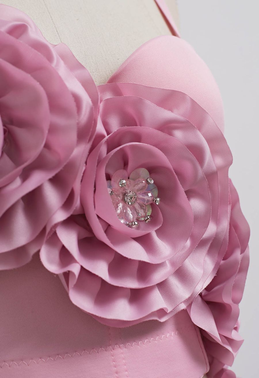 Dramatic Floral Applique Rhinestone Bra Top in Pink