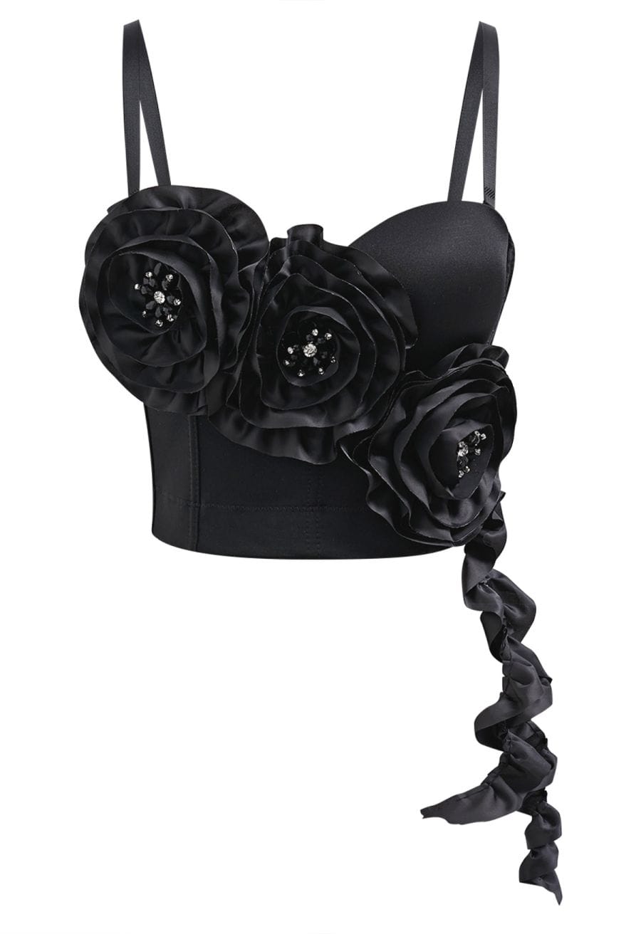 Dramatic Floral Applique Rhinestone Bra Top in Black