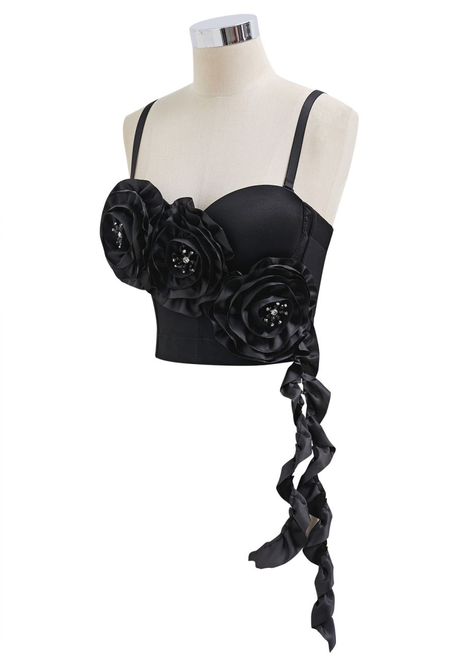 Dramatic Floral Applique Rhinestone Bra Top in Black