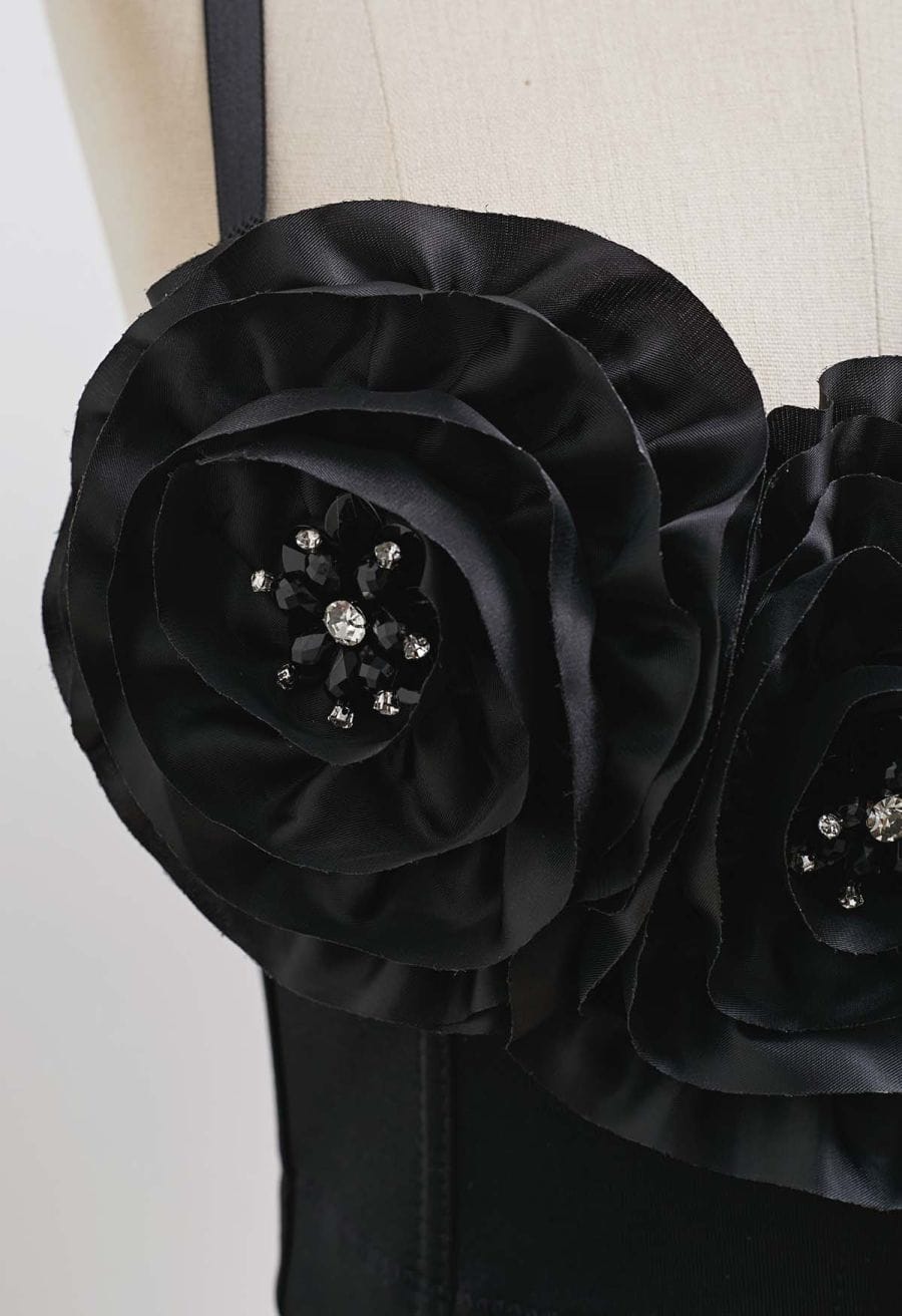 Dramatic Floral Applique Rhinestone Bra Top in Black