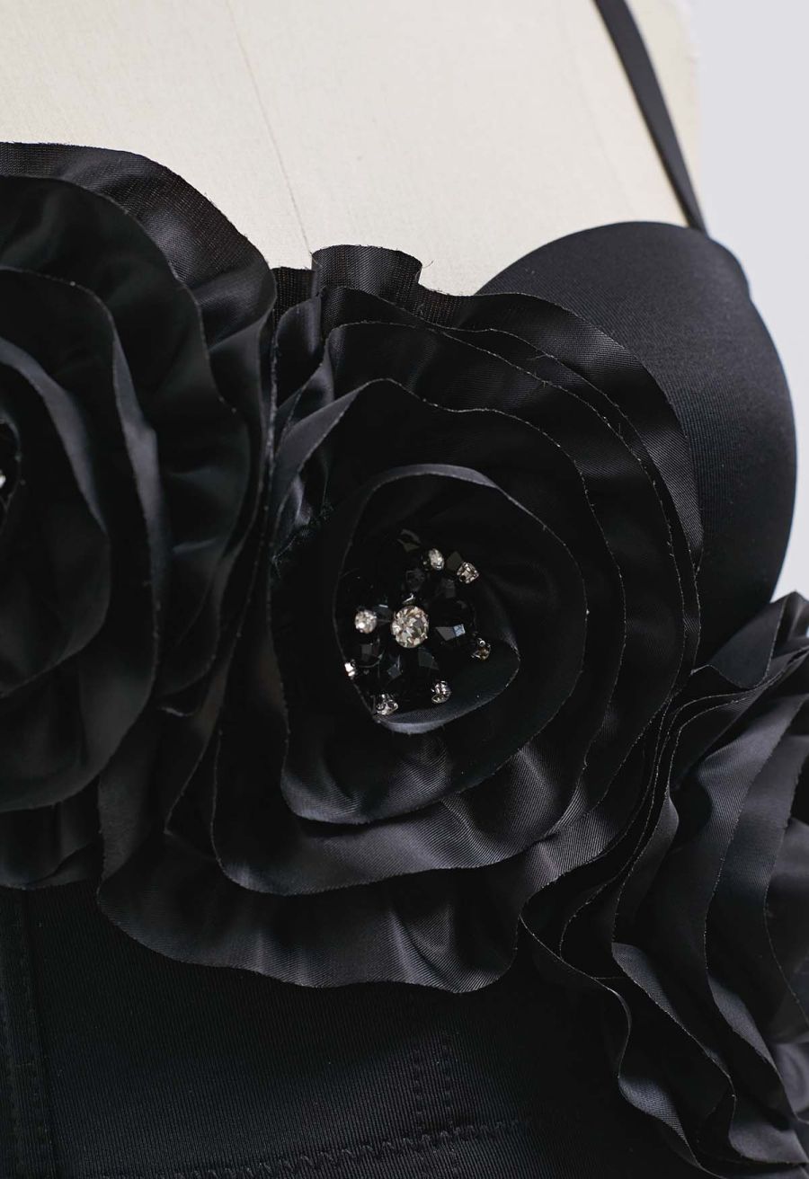 Dramatic Floral Applique Rhinestone Bra Top in Black