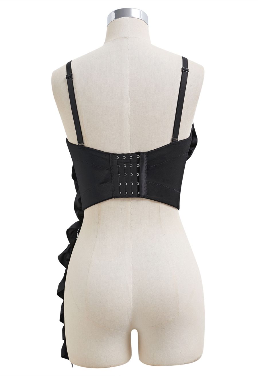 Dramatic Floral Applique Rhinestone Bra Top in Black