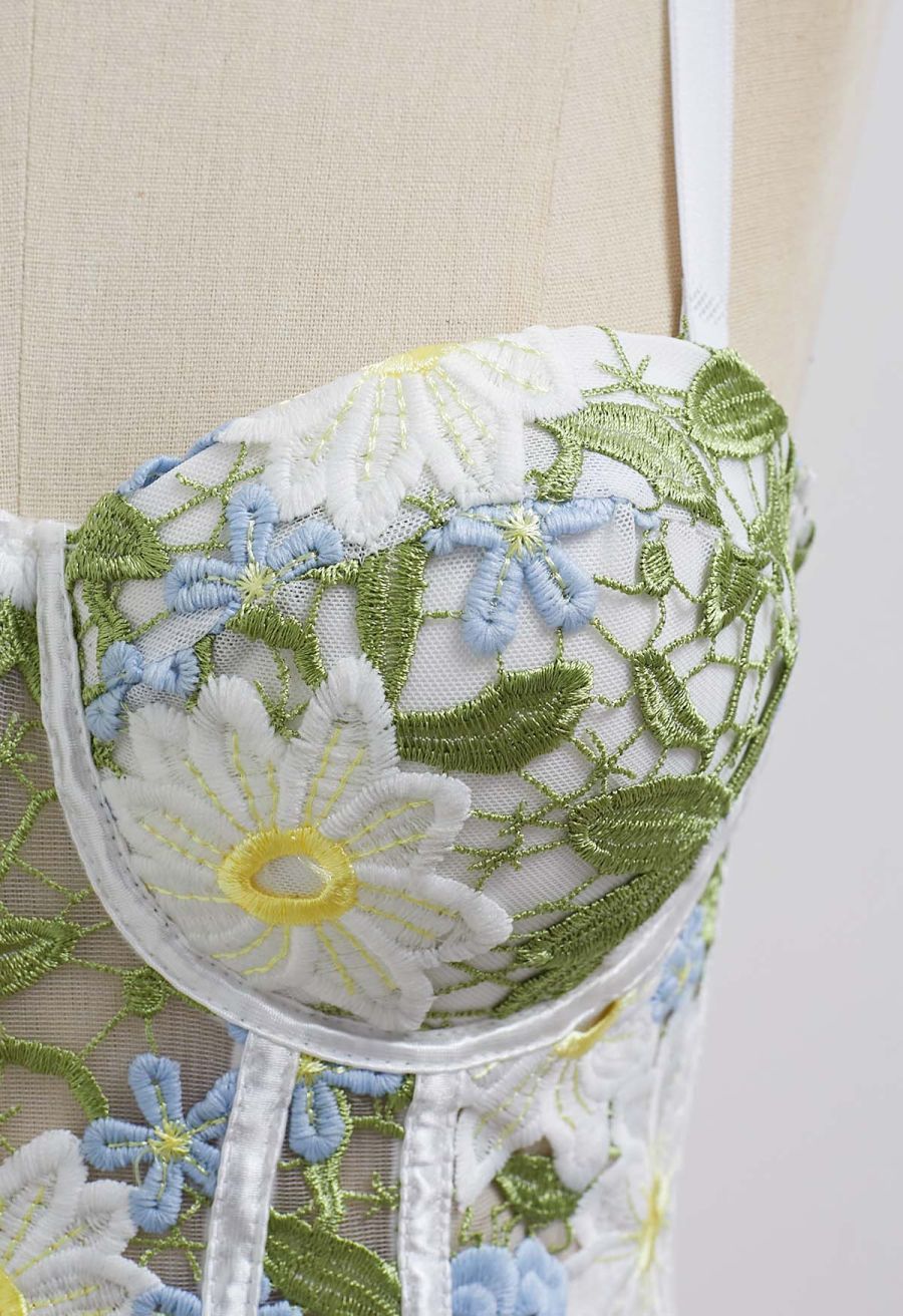 Dreamlike Floral Cutwork Embroidery Mesh Bra Top