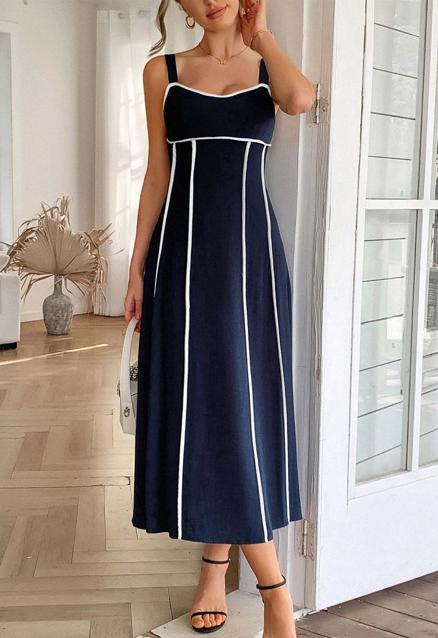 Contrast Binding Linen-Blend Cami Dress in Navy