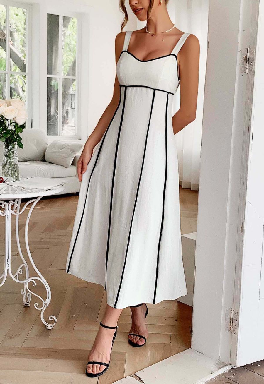 Contrast Binding Linen-Blend Cami Dress in Ivory