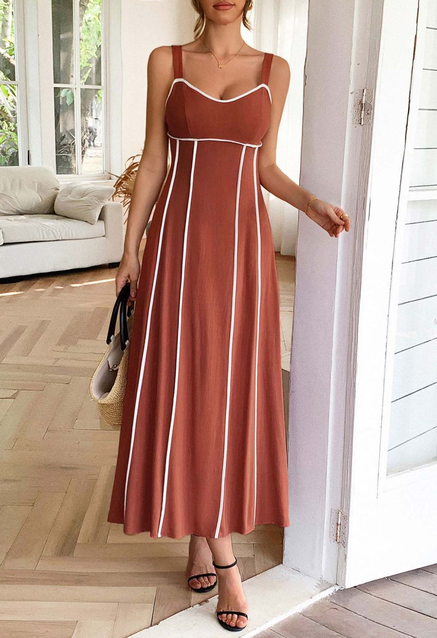 Contrast Binding Linen-Blend Cami Dress in Rust