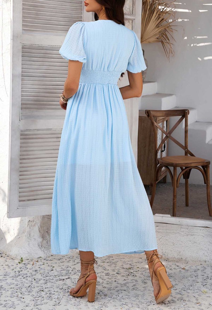 V-Neck Embossed Button Decor Dress in Light Blue
