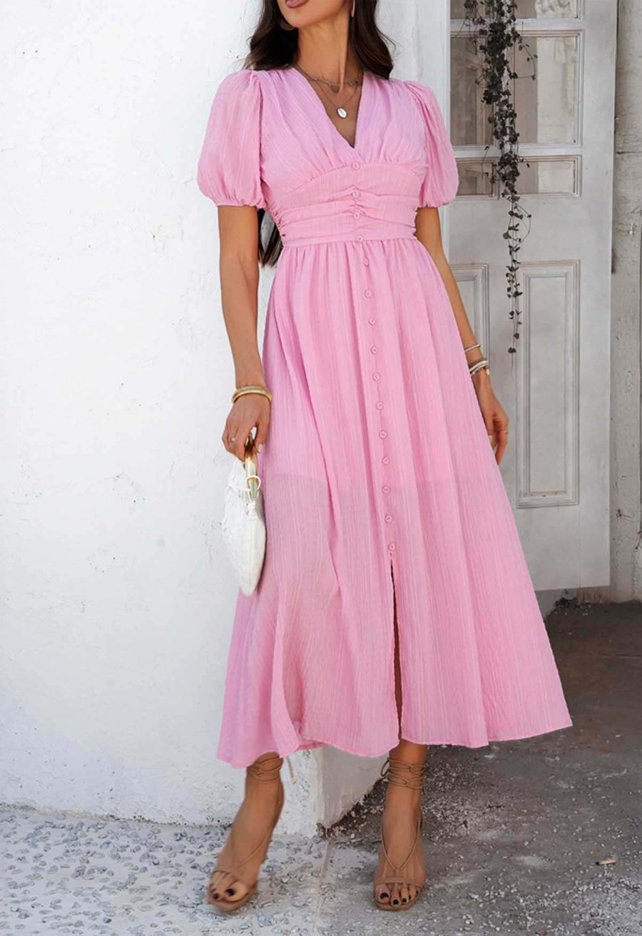 V-Neck Embossed Button Decor Dress in Light Pink