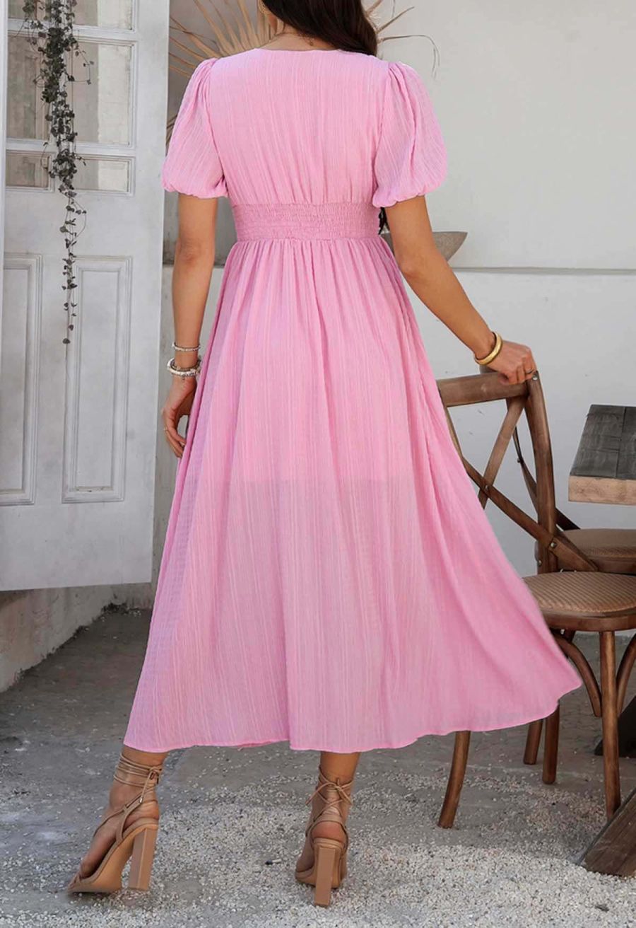 V-Neck Embossed Button Decor Dress in Light Pink
