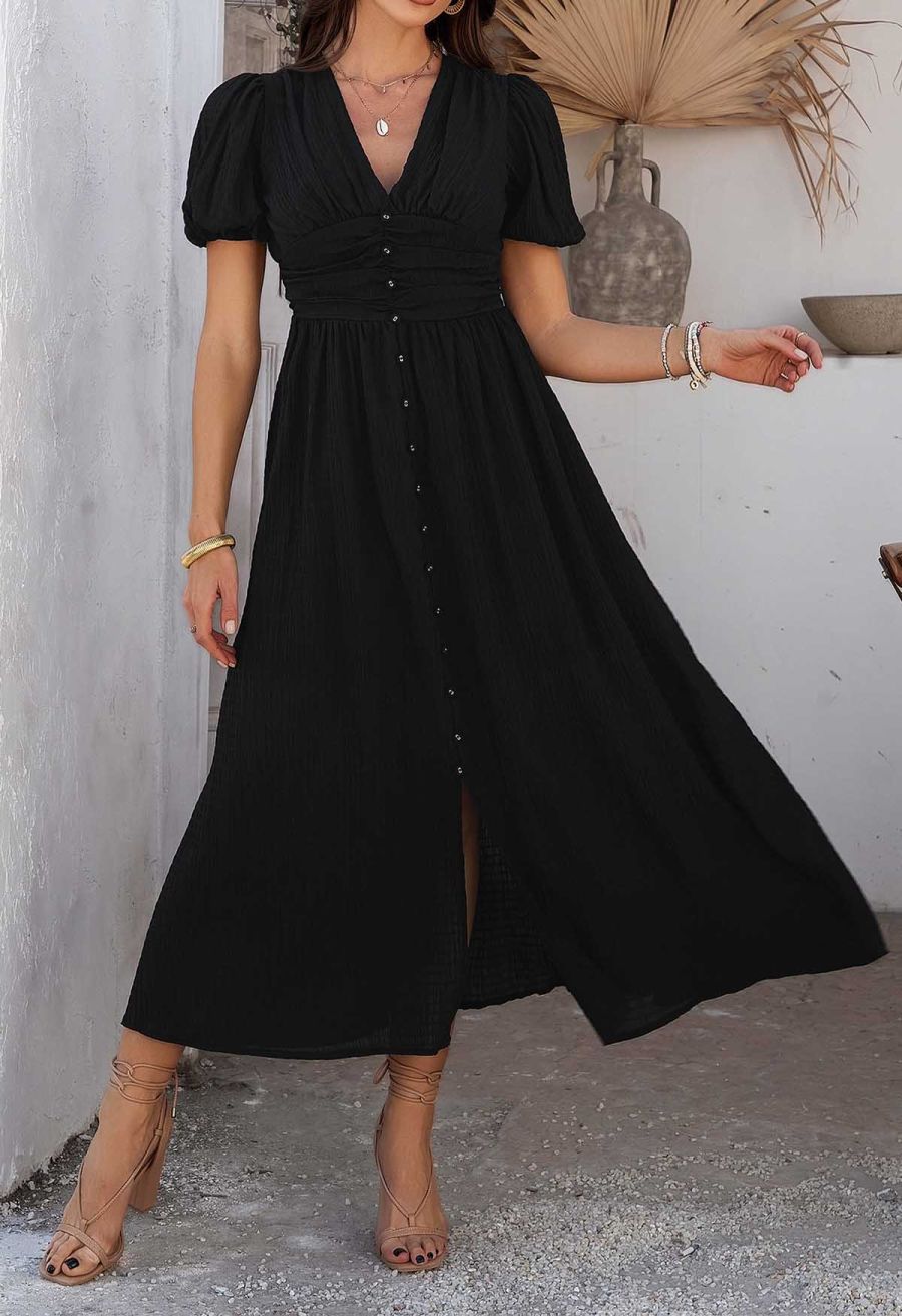 V-Neck Embossed Button Decor Dress in Black