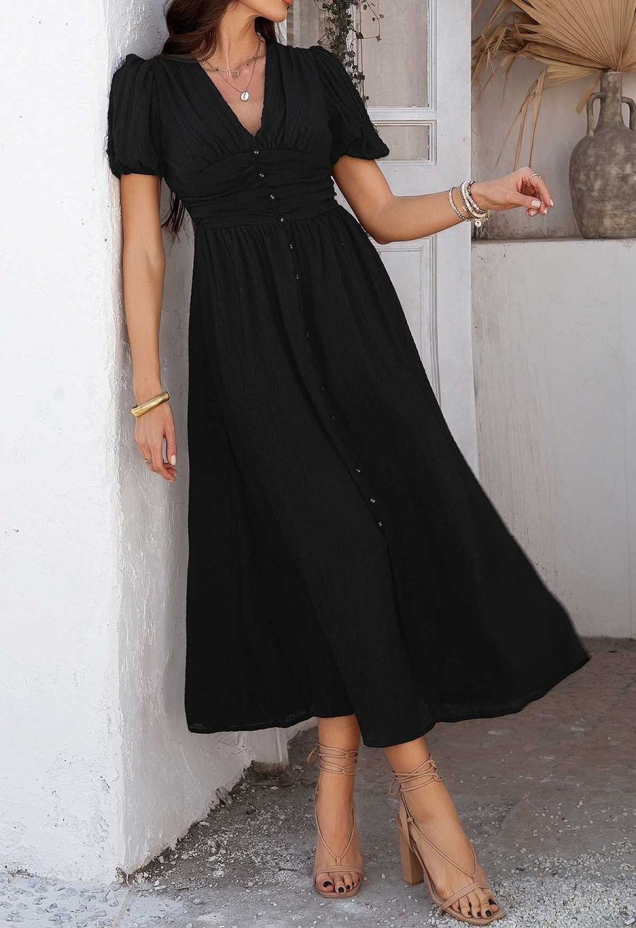 V-Neck Embossed Button Decor Dress in Black