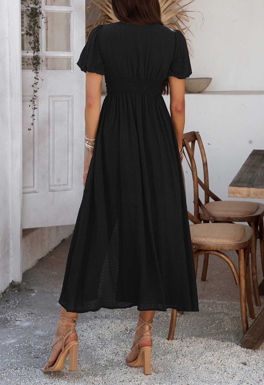 V-Neck Embossed Button Decor Dress in Black