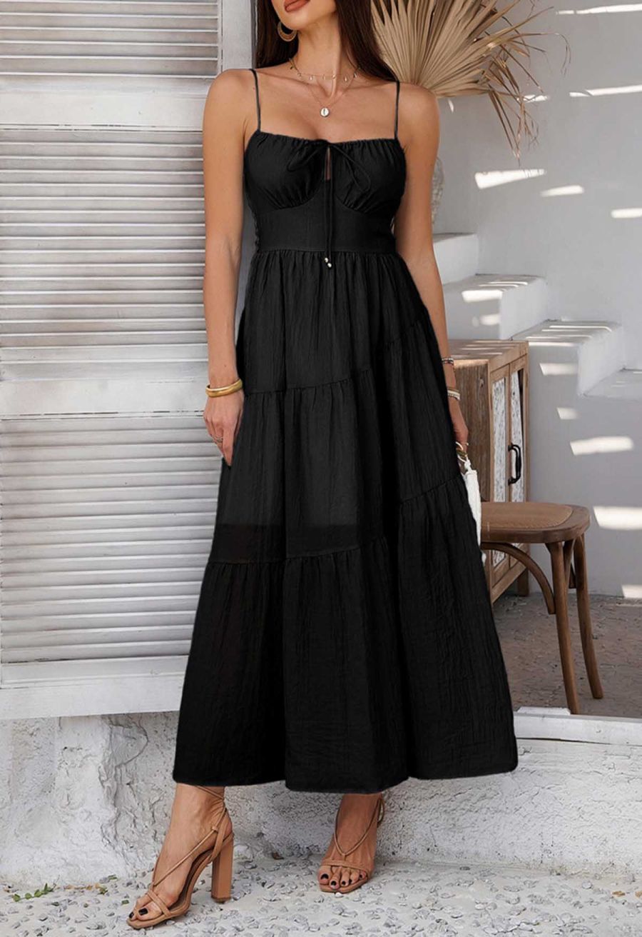 Self-Tie Bowknot Shirred Crinkled Tiered Dress in Black